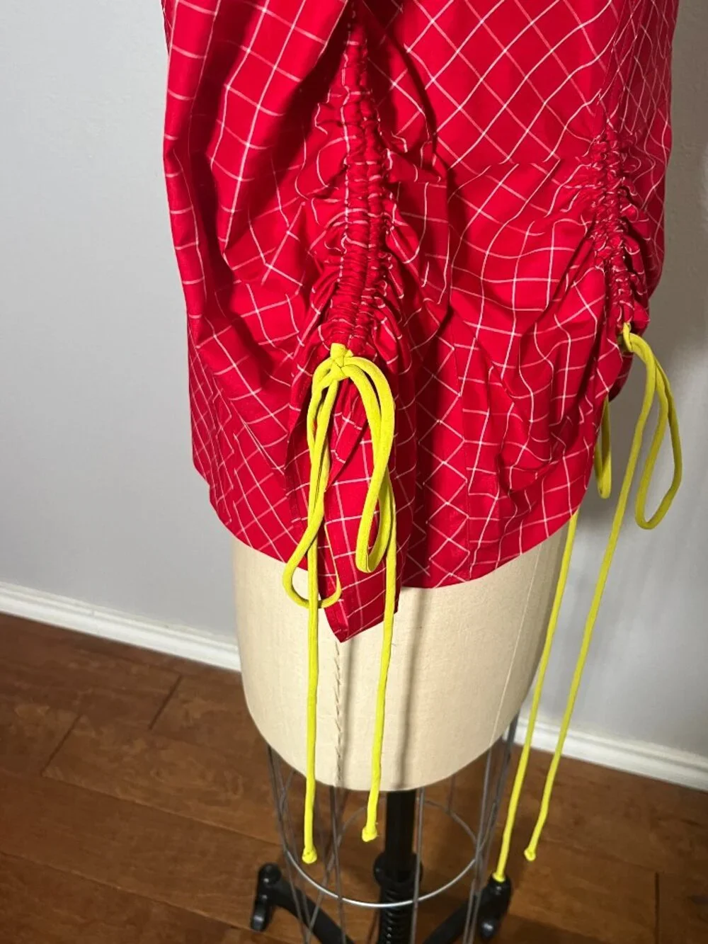 Tory Burch Windowpane Silk Tunic Top Red White Ruched Drawstring